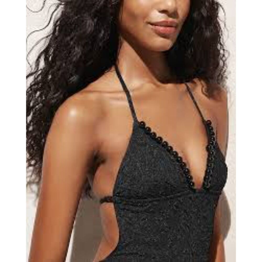 J.CREW NWT Swimsuit sz18 Black Cloque One Piece Beaded Trim Tie Neck Open Back - Picture 9 of 15